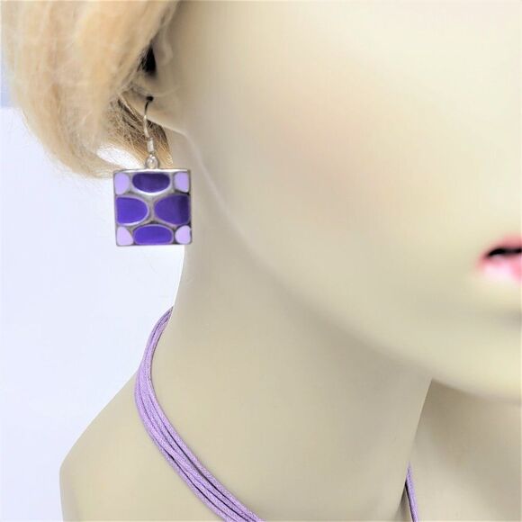 Purple Square Pendant Necklace with Matching Square Purple Earrings - Picture 12 of 12